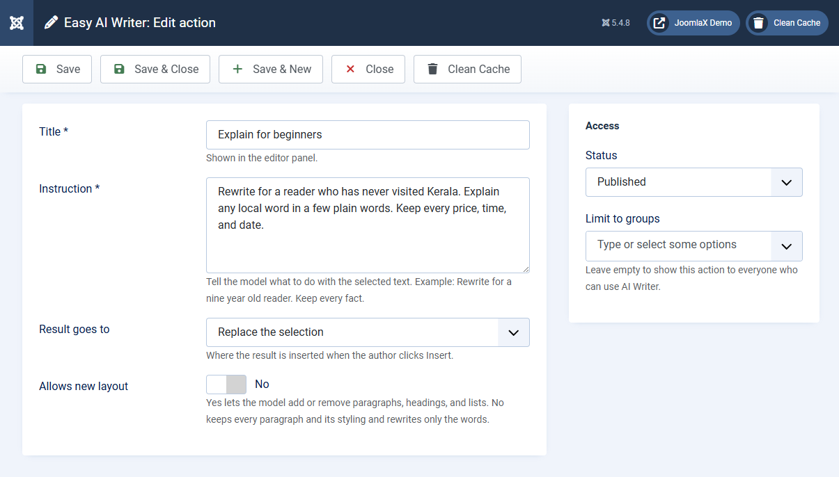 Custom action example
