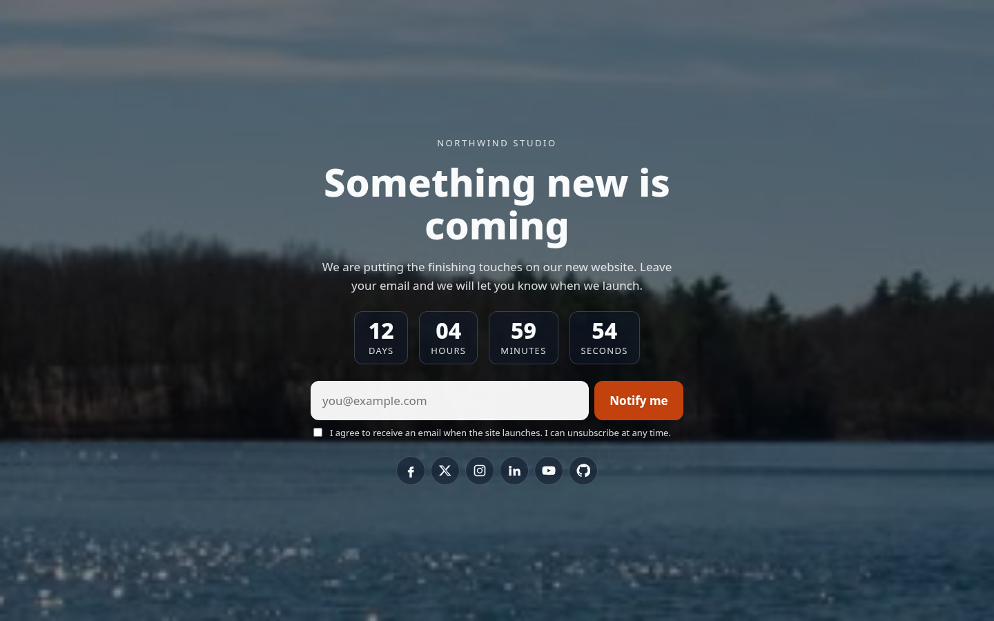 Coming Soon page, Minimal layout with an image background