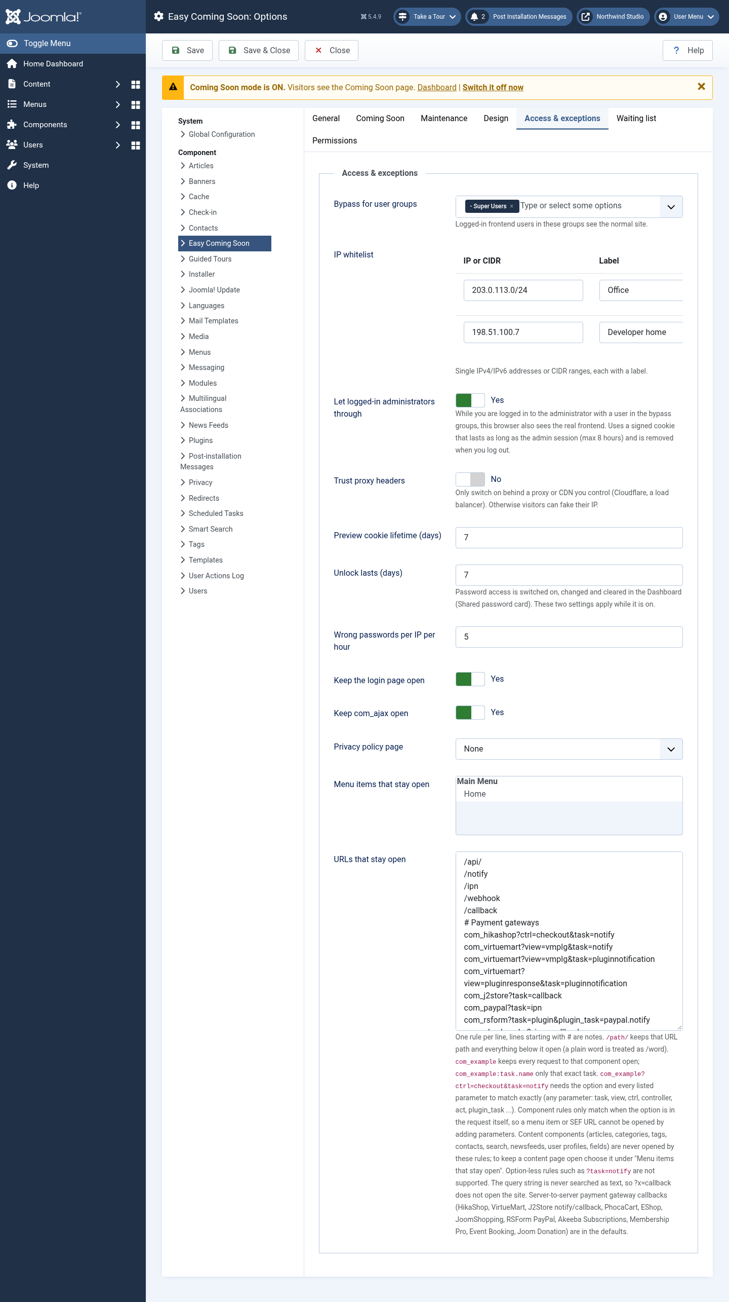 Access & exceptions tab