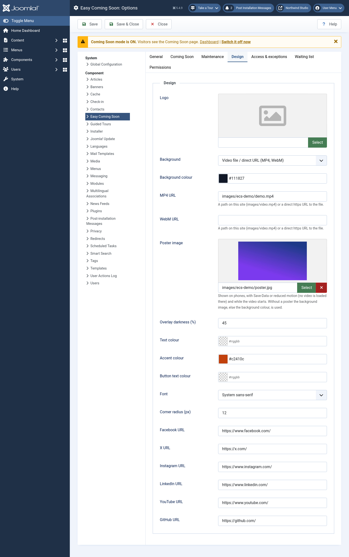 Design tab with a video background