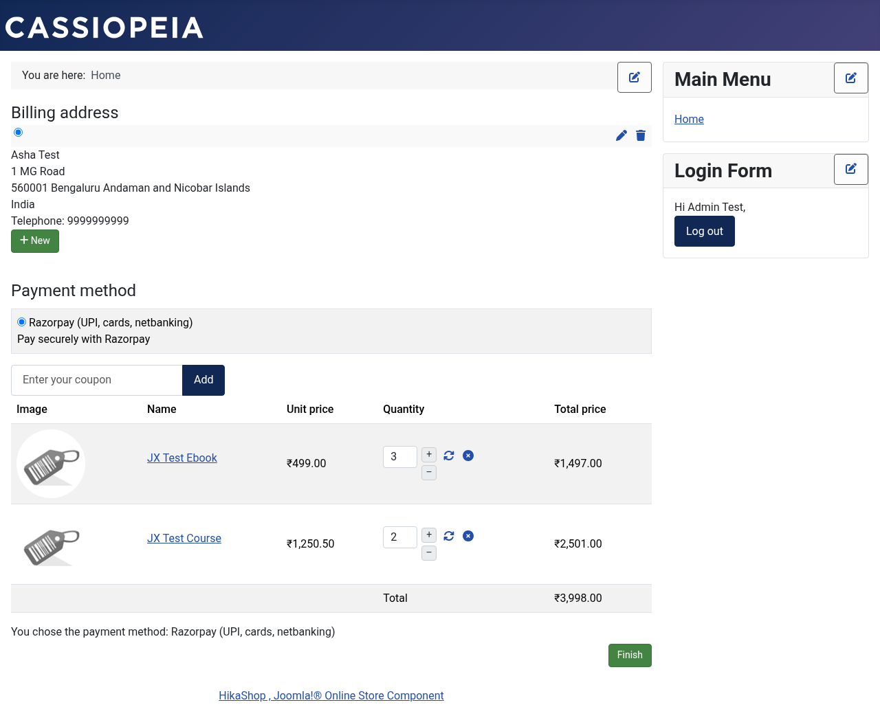 HikaShop checkout with Razorpay selected