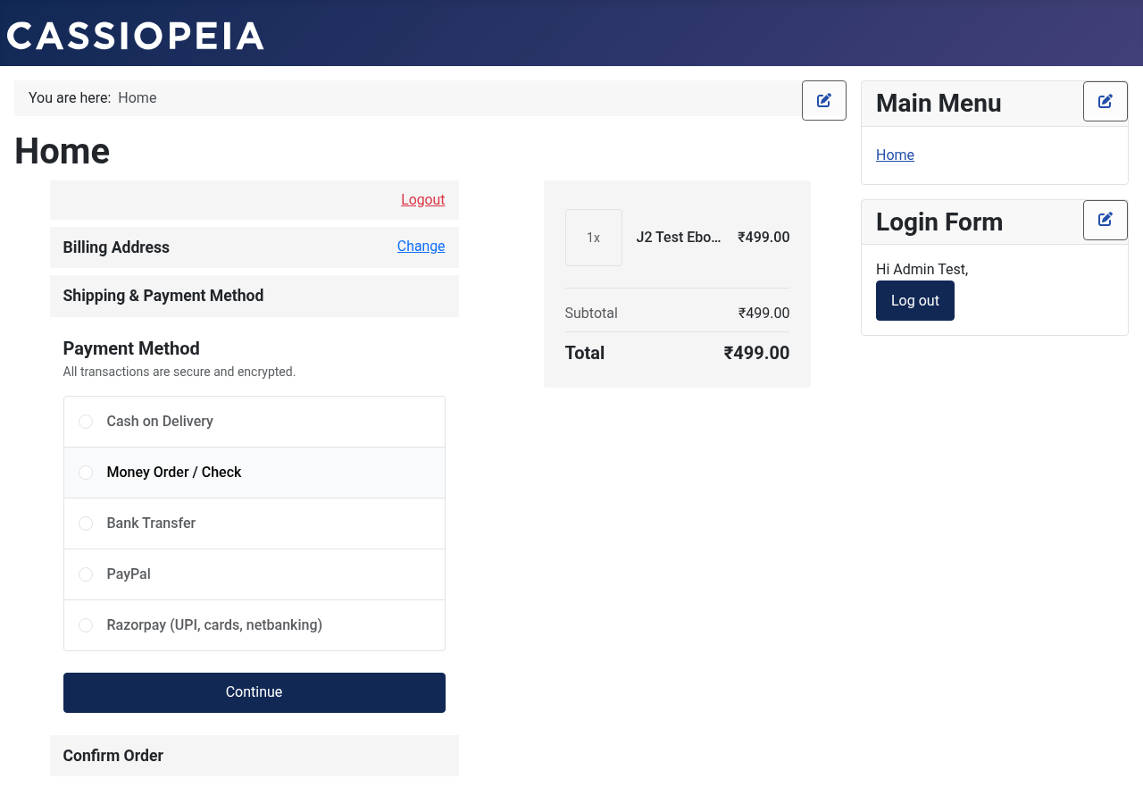 J2Commerce checkout with Razorpay selected