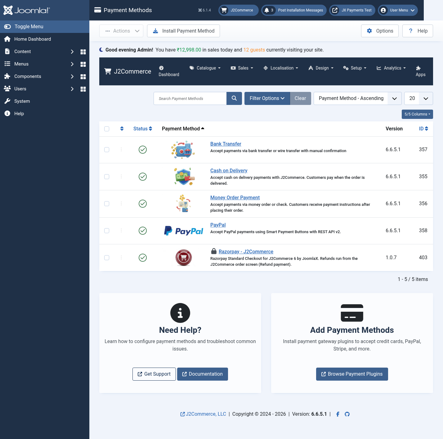 J2Commerce payment methods with Razorpay enabled