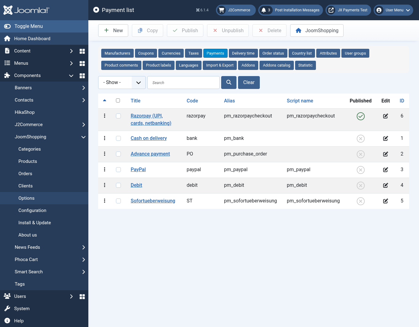 JoomShopping payments list with Razorpay published