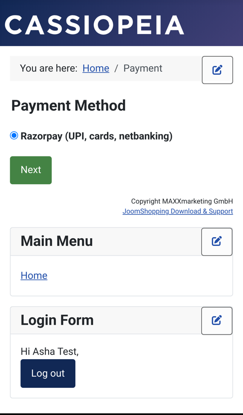 JoomShopping checkout on a phone