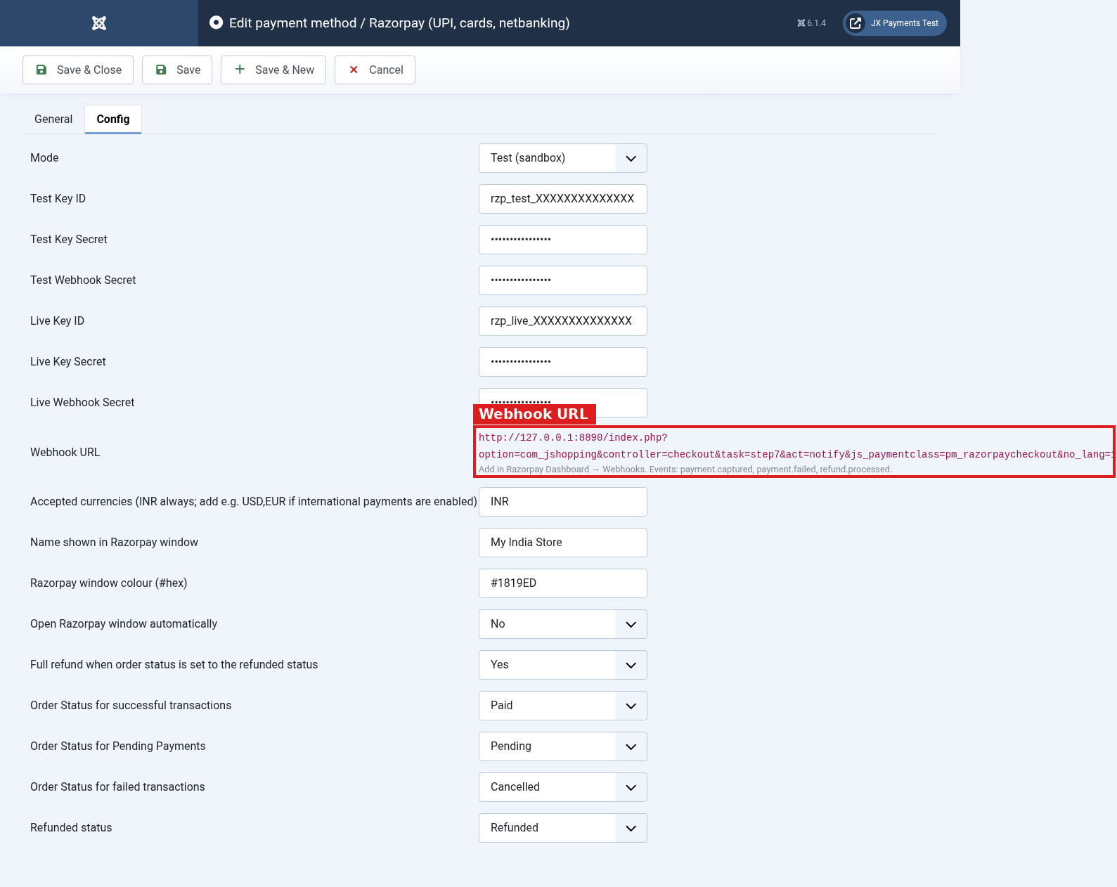 JoomShopping Razorpay configuration