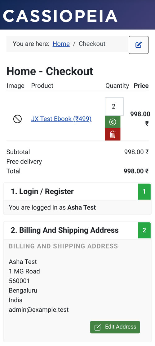 Phoca Cart checkout on a phone