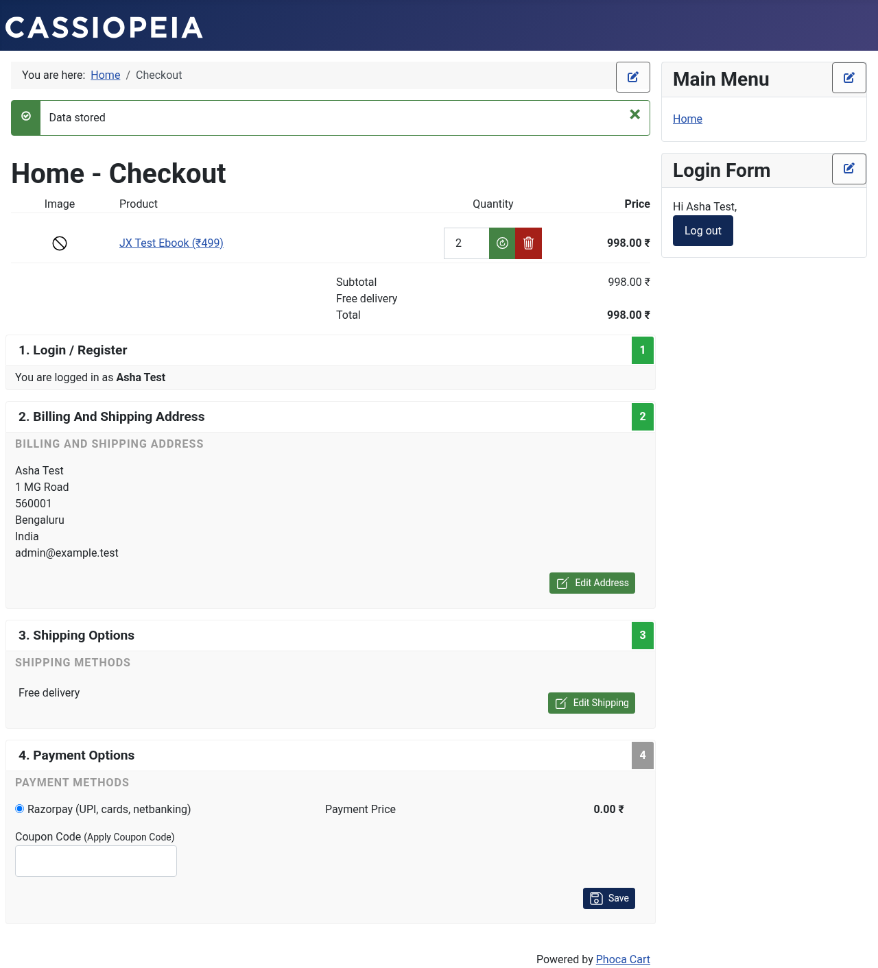 Phoca Cart checkout with Razorpay selected