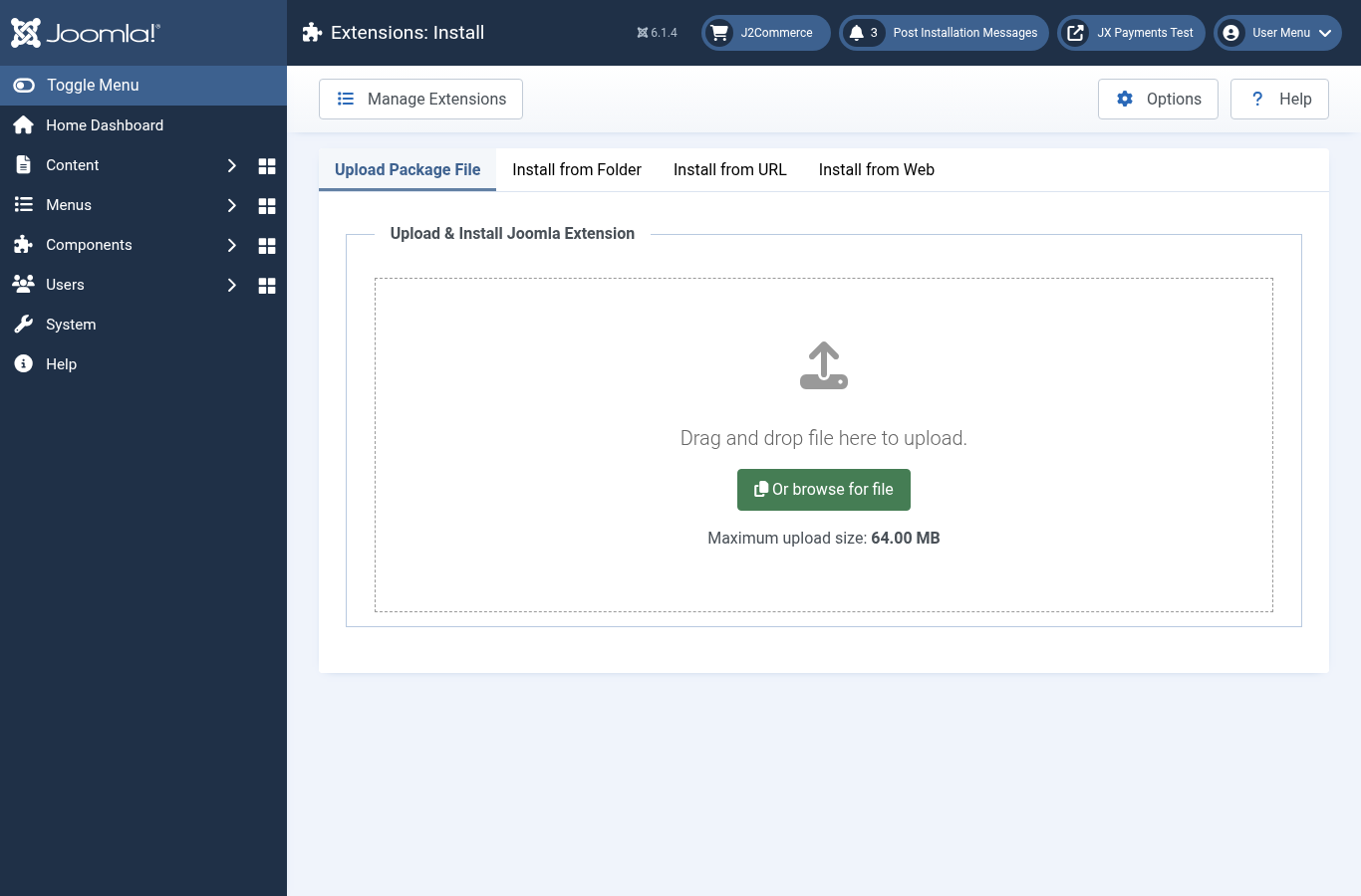 Joomla install screen, upload the inner package