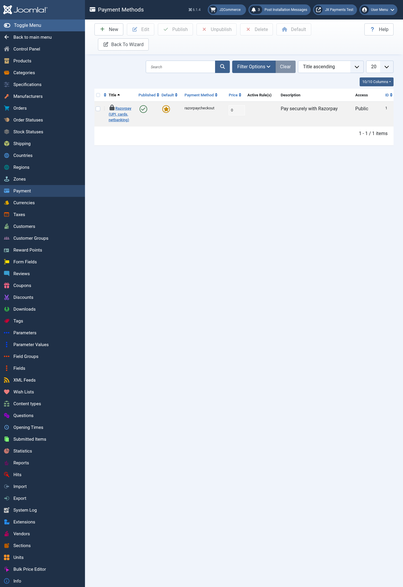 Phoca Cart payment list