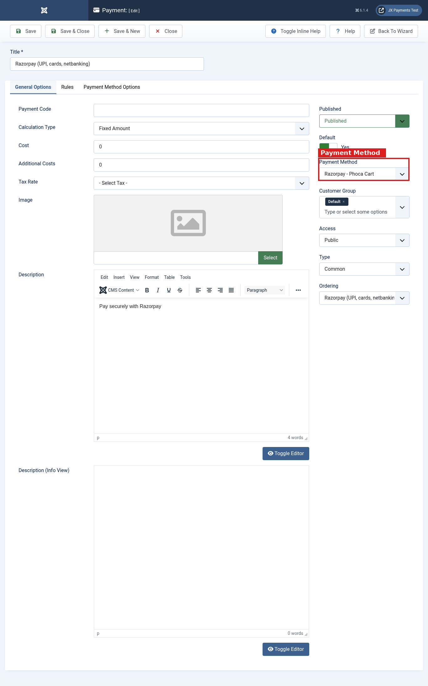 Phoca Cart payment form with Razorpay - Phoca Cart selected