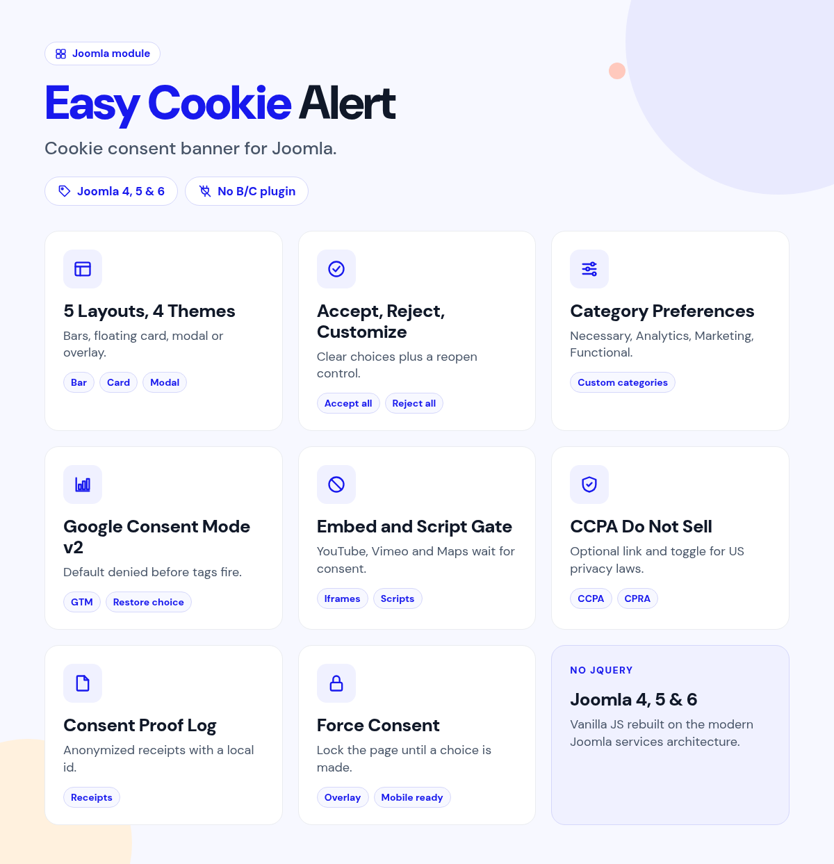 Easy Cookie Alert features
