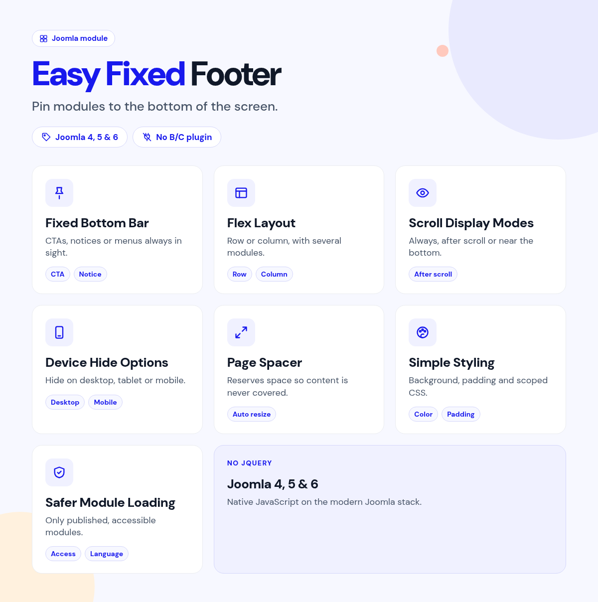 Easy Fixed Footer features