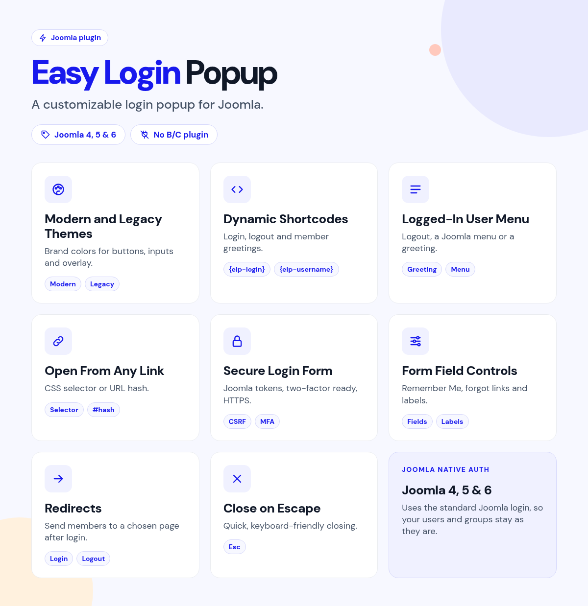 Easy Login Popup features
