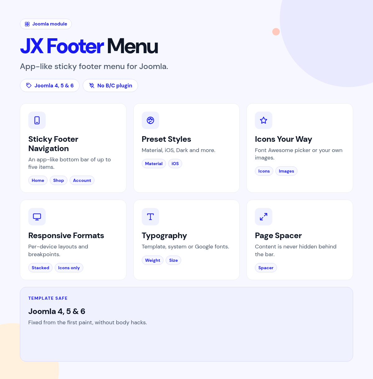 JX Footer Menu features