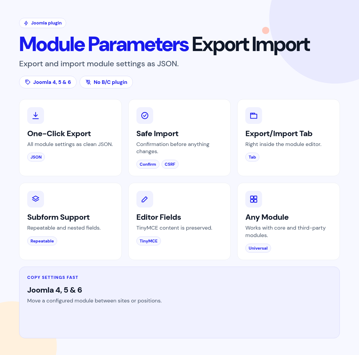 Module Parameters Export Import features